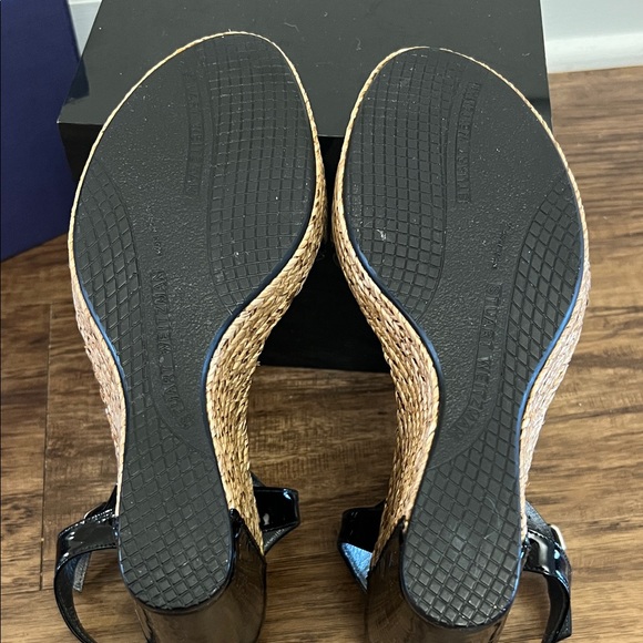 Stuart Weitzman Black Leather and Natural Raffia Wedge Sandals - Picture 6 of 6